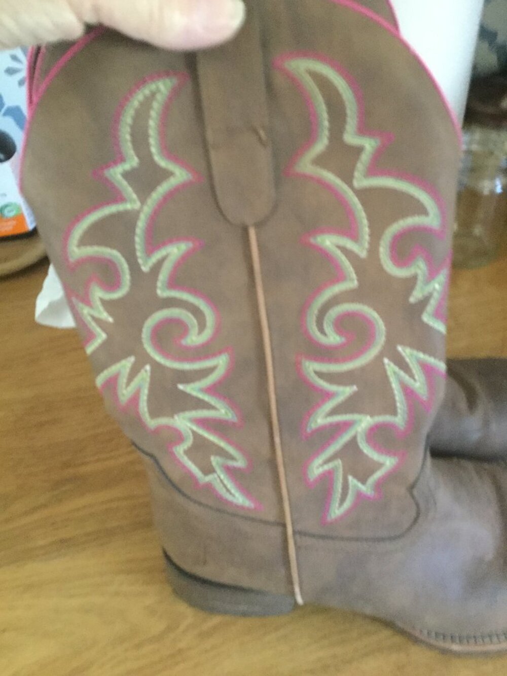 Square toed cowboy boots size 40 worn for a wedding light brown embroidered pink